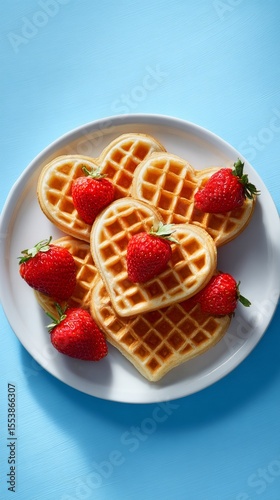 Heart-shaped Waffle Topped With Fresh Strawberries on a Blue Wooden Table.