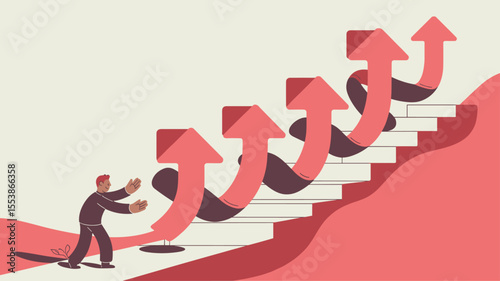 businessman pushing an arrow up stairs, vector illustration for change management, organizational transformation and strategic growth
