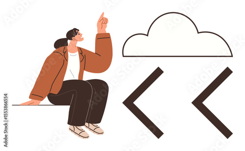 Person sitting on edge pointing to a cloud above coding brackets, suggesting focus on ideas, programming, connection, or innovation. Ideal for technology, development, learning, inspiration
