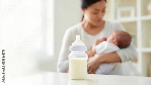 Baby feeding bottle in foreground with mother breastfeeding blurred in background, World Breastfeeding Week