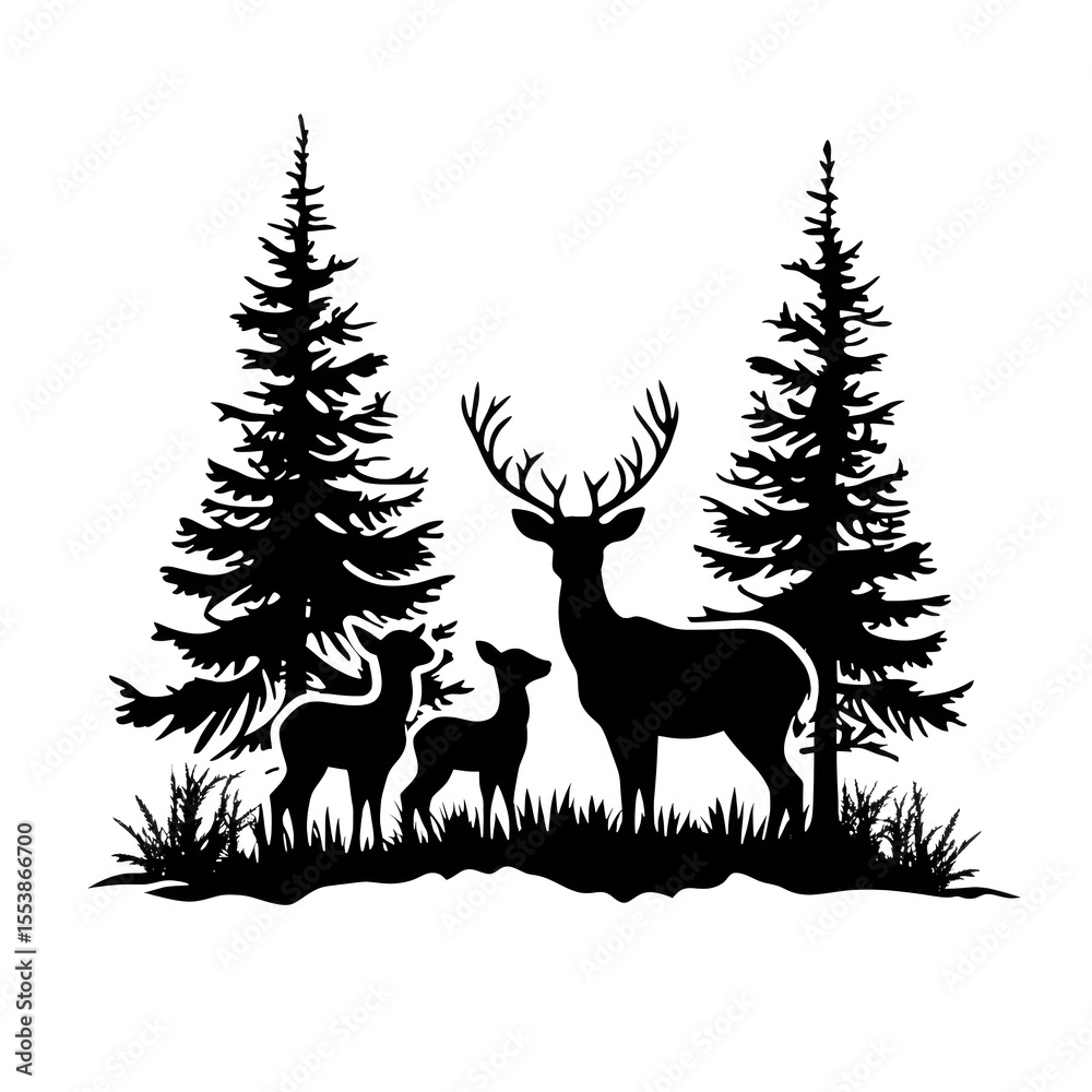Fototapeta premium Elegant Deer Family Silhouette: Forest Wildlife Print, Nature Art
