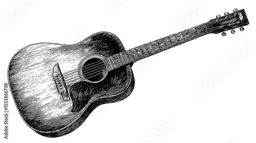 Illustration of an acoustic guitar in vintage stipple engraving style isolated on transparent background Stock Illustration photo