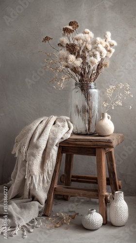 Rustic Wooden Stool With Dried Flowers in a Vase and Soft Textiles in a Seren...