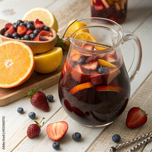 A glass pitcher filled with sangria, featuring slices of orange, strawberries, and blueberries. Fresh fruits are displayed on a wooden board.