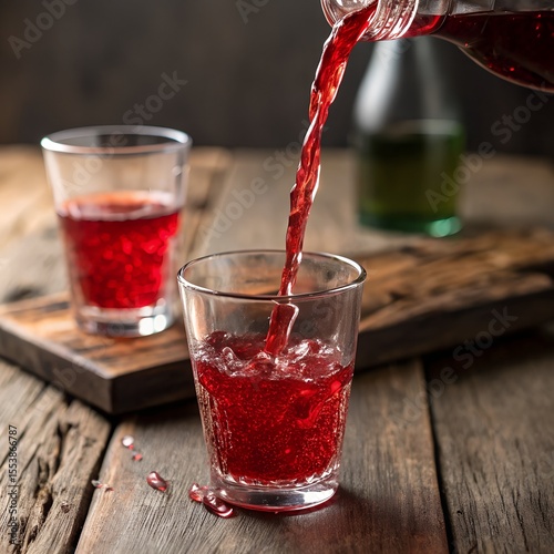 Red beverage being poured into a glass. Two glasses are on a wooden surface. The background features a green bottle and rustic wood.