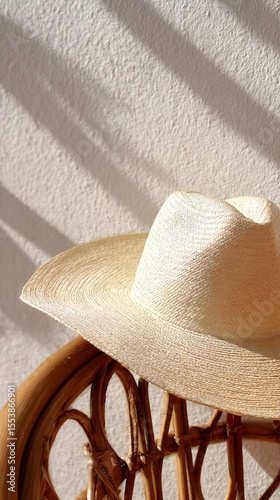 Stylish Straw Hat Resting on a Wooden Chair With Subtle Shadows in a Sunlit Room