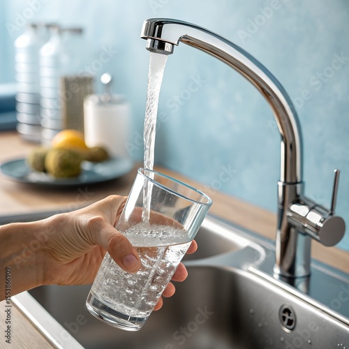 A hand pours water from a modern faucet into a clear glass. The kitchen sink is stainless steel, with a blue wall in the background and a plate of fruits nearby.