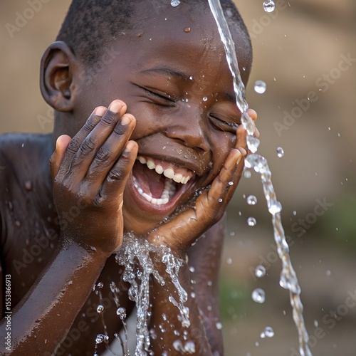 A young African boy joyfully splashes water on his face. He has short hair and a broad smile, enjoying a moment of playfulness outdoors.