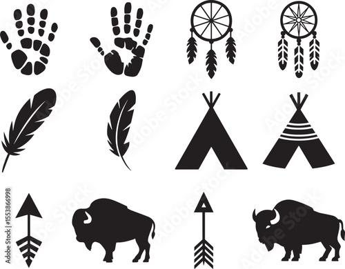 Black silhouette indigenous symbols set hand feather dreamcatcher teepee bison arrow native american