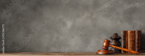 A lawyer's table features a wooden gavel, scales of justice, and books, providing space for text within a creatively designed banner