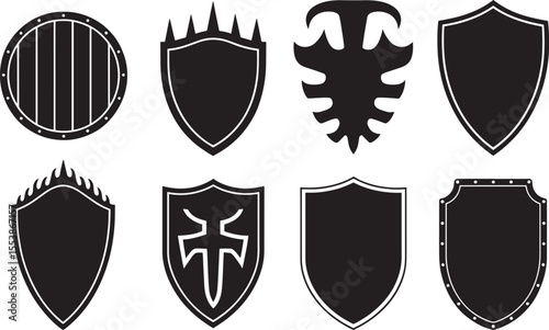 Collection of eight unique black shield silhouettes on white background vector