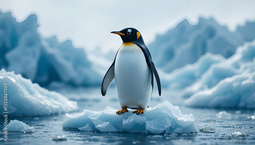 Naklejka premium An emperor penguin stands proudly on a shimmering ice floe, amidst a stunning backdrop of icy glaciers and arctic ocean.