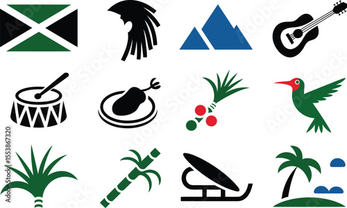 Jamaican culture symbols black and green icons on white background flag national