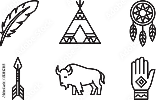 Set of six black line art icons featuring indigenous American symbols feather quill