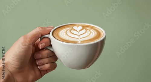 Latte Art and Leisure: An exquisite latte art design of the hot beverage, nestled in a hand, presents a serene moment of refreshment, promising both taste and visual delight.
