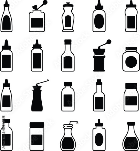 Assortment of kitchen condiment bottles and jars silhouettes in a black and white pattern