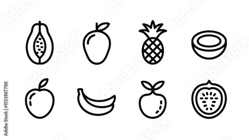 Black and white line art fruit icons showcasing papaya mango pineapple coconut apple banana orange and passion fruit