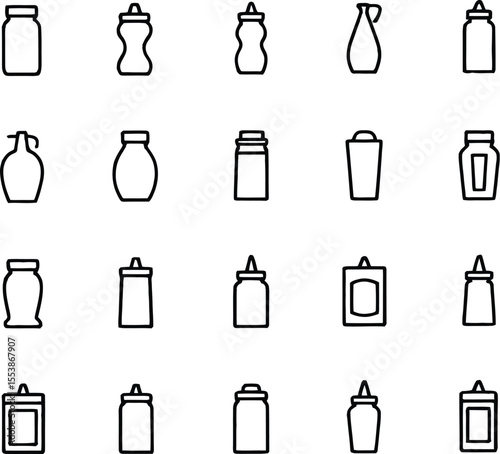 Collection of simple black and white outline illustrations of various kitchen bottles and containers