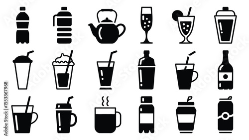 Collection of various beverage icon illustrations in black and white for food and drink concepts