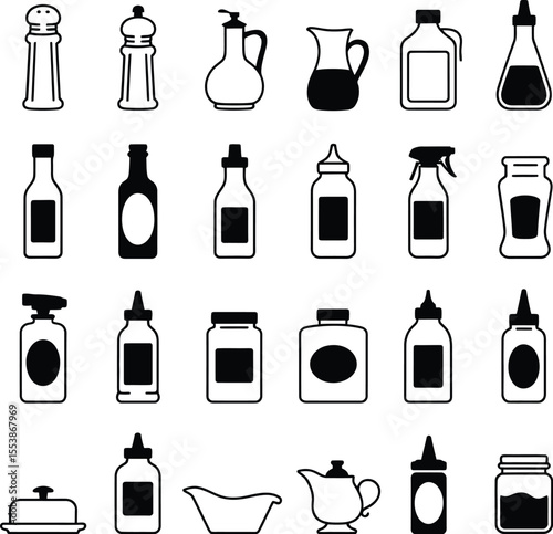 Collection of stylized condiment bottles shakers and serving dishes in black and white.