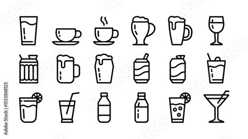 Outlined drink icons representing various beverages including coffee tea beer cocktails and more