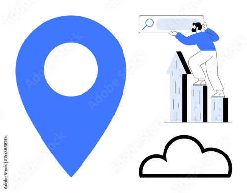 Blue location pin, man analyzing search results atop a bar graph, and cloud outline. Ideal for navigation, cloud storage, growth, analytics, marketing business strategy technology. Simple flat