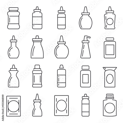 Outlined food condiment bottles and containers collection in monochrome style for design projects