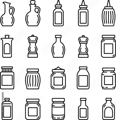 Outlined kitchen condiment icons in black and white perfect for cooking and recipes