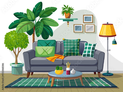 vector of Living room interior with gray velvet sofa, pillows, green plaid, lamp and fiddle tree in wicker basket on white wall background.
