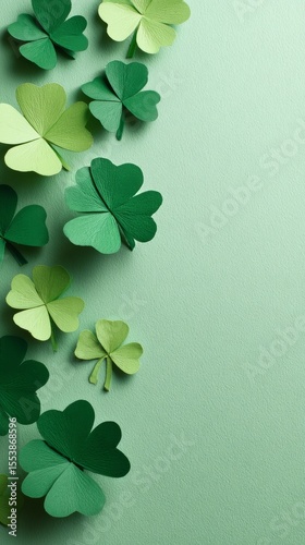 Green Paper Clovers Arranged on a Light Green Background for Decoration and C...