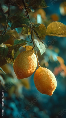 Fresh Lemons Hanging From a Tree Branch Under Soft Sunlight in a Peaceful Gar...