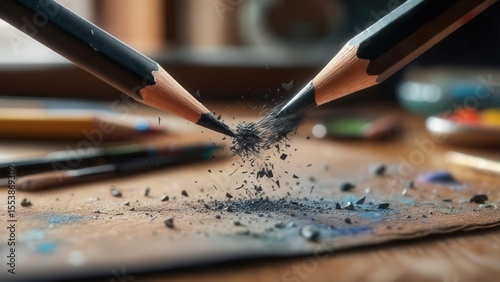 Two graphite pencils colliding, creating a scattering of lead shavings on paper, concept of creative process or conflict of ideas