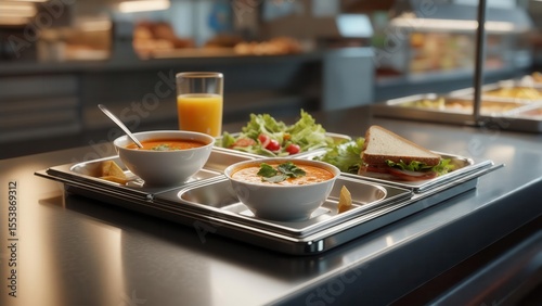 Trays with hot soup, fresh salad, a sandwich, and orange juice on a table in a school cafeteria, creating an appetizing atmosphere of lunch and healthy eating