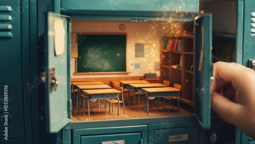 Open school locker revealing a miniature classroom with a chalkboard and desks, creating a magical and dreamy atmosphere, concept of imagination and knowledge