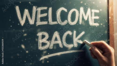 Welcome Back written in chalk on a school blackboard, with a hand holding a piece of chalk, creating an atmosphere of a joyful return to school