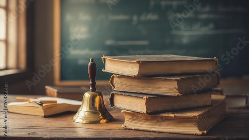 Golden school bell standing next to a stack of old textbooks on a wooden desk, with a blurred chalkboard in the background, concept of traditional education and knowledge