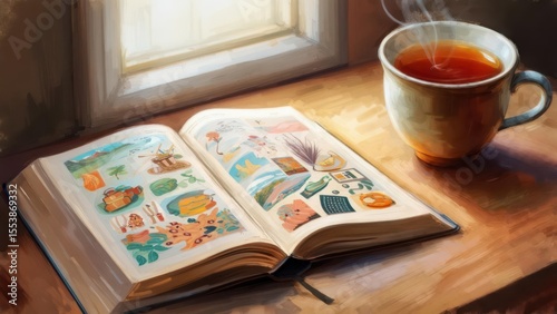 Open book with colorful illustrations and a steaming cup of tea on a wooden windowsill, creating a cozy and peaceful atmosphere for reading and relaxation