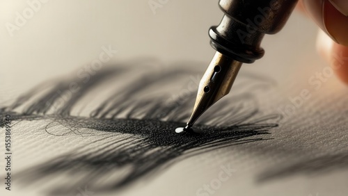 Close-up of a fountain pen drawing with ink on textured paper, with a blurred drawing in the foreground, concept of art and creativity