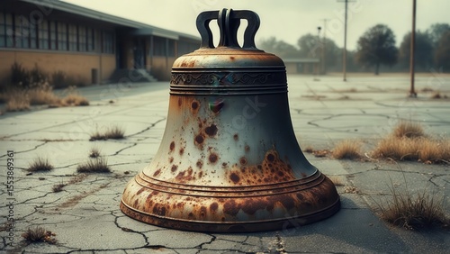Old rusty bell standing on cracked asphalt with dry grass and blurred buildings in the background, concept of oblivion or end of an era