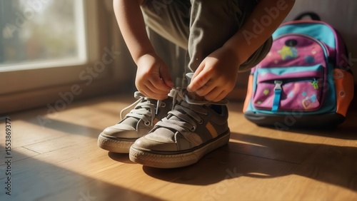 A child tying shoelaces on their sneakers, with a bright school backpack nearby and sunlight falling on the wooden floor near a window, concept of preparation for school