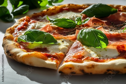Delicious Margherita Pizza With Fresh Basil and Prosciutto Slices on a Wooden...