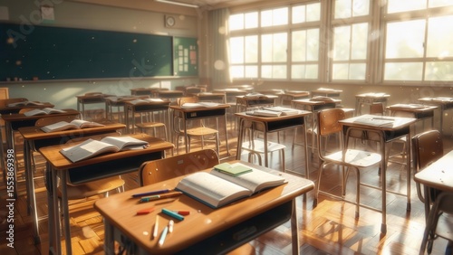Empty classroom with desks and open books, bathed in sunlight streaming through large windows, creating a peaceful and bright learning atmosphere