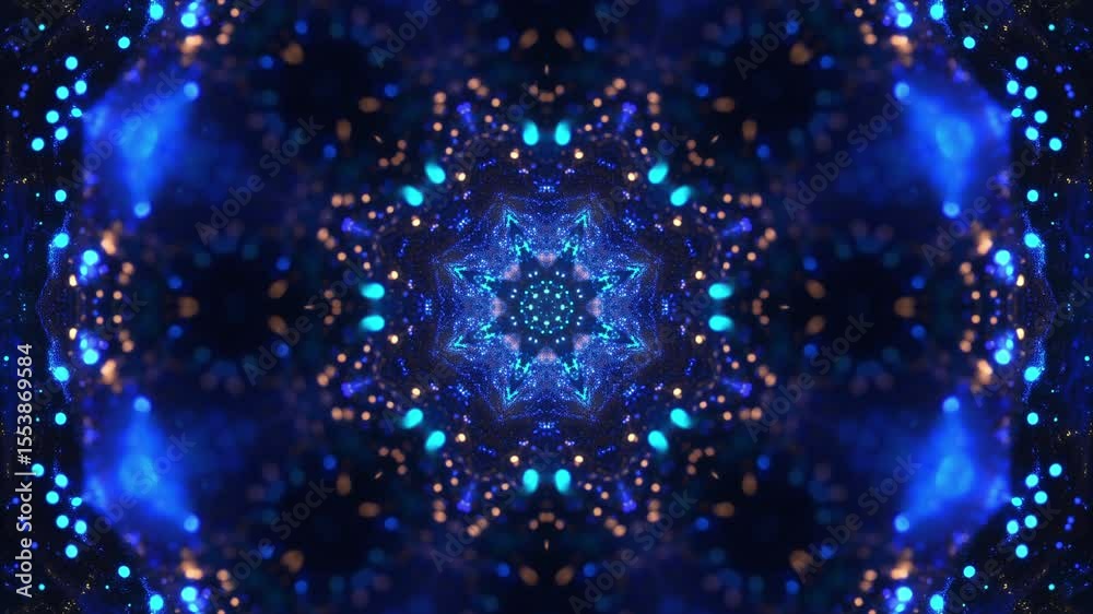 A symmetrical, blue and teal kaleidoscopic pattern features circular and star-shaped elements with glowing dots.