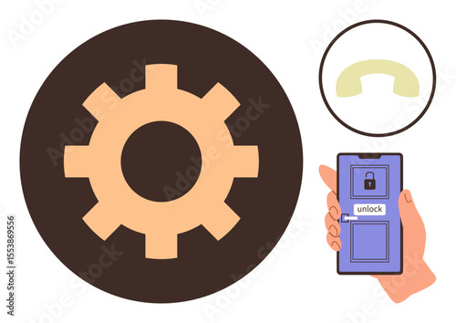 Hand holding phone with unlock text, gear icon in brown circle, and phone receiver symbol. Ideal for technology, security, automation, usability, communication apps and innovation. Simple flat