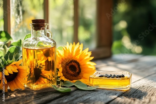 Sunflower Oil in a Glass Bottle Beside Fresh Sunflowers on a Wooden Table in ...