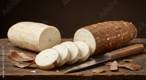 Cassava and kitchen knife sitting on a wooden surface, still life of a sliced cassava root ready for food preparation, high resolution image photo