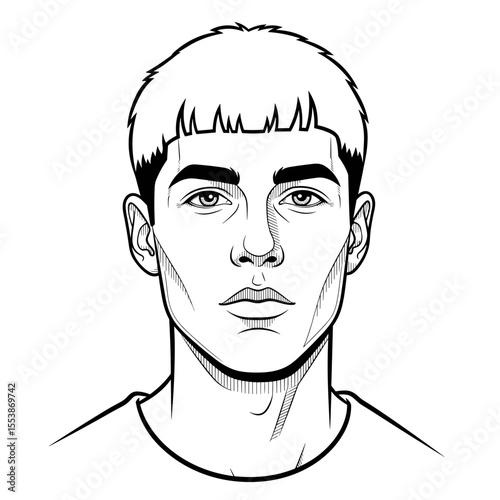 Caesar cut with short blunt fringe Portrait of a young man with a blunt cut hairstyle and a neutral expression, illustrated in black and white for hair salon theme.