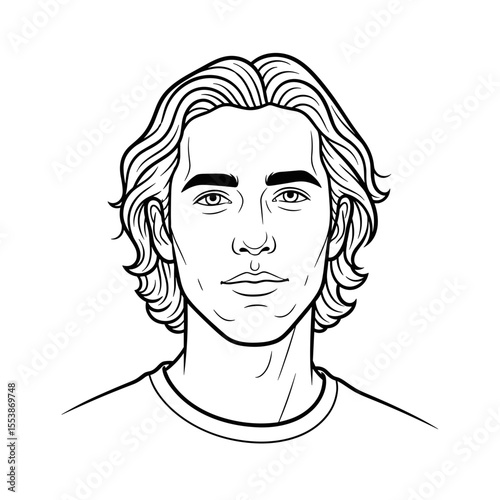 Wavy medium-length hair tucked behind ears — casual look Portrait of a young man with long wavy hair and a friendly expression, illustrated in black and white.