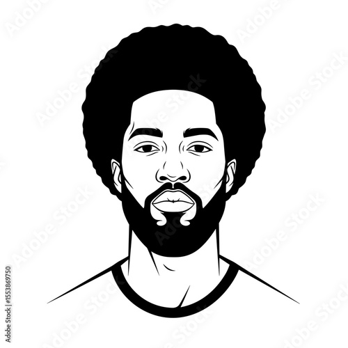 Afro style with sharp shape and beard outline Portrait of a man with an afro hairstyle and beard, illustrated in black and white for barbershop theme.