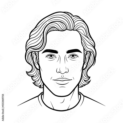 Wavy medium-length hair tucked behind ears — casual look Portrait of a young man with wavy hair and a friendly expression, illustrated in black and white for hair salon theme.